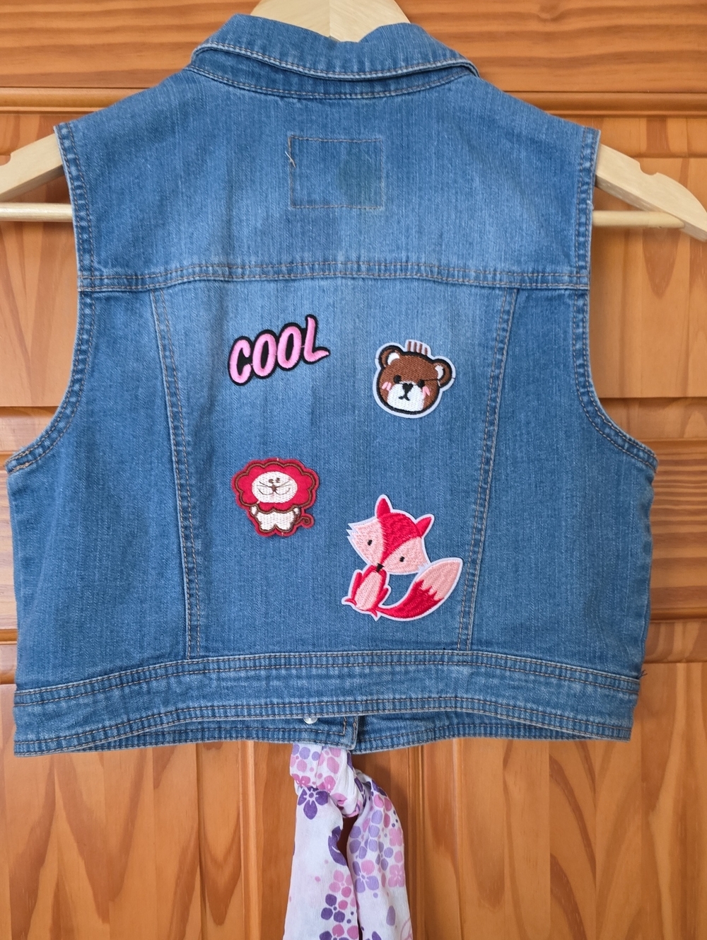 Girl,s Reimiganed Denim Vest with Pink 'COOL' Patch and Fox Appliqué